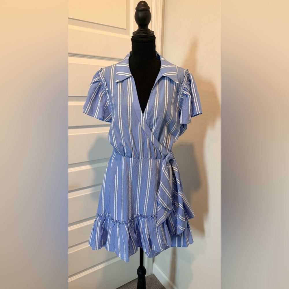 Cinq à Sept Lila Ticking Stripe Wrap Mini Dress - Oxford Blue